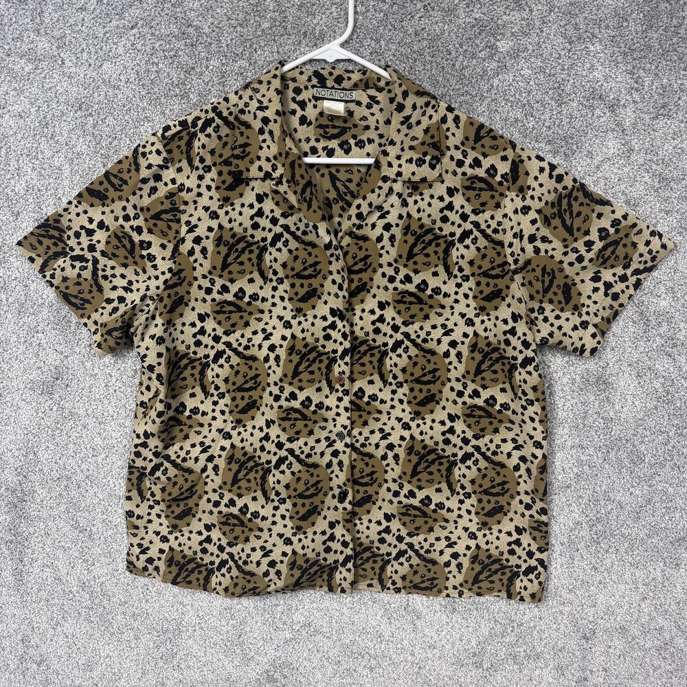 Vintage 90s Y2K Notations Button Up Blouse XL Brown Leopard Office Mob Wife Glam